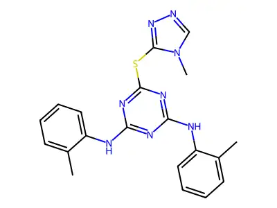 N,N'-bis(2-methylphenyl)-6-[(4-methyl-4H-1,2,4-triazol-3-yl)sulfanyl]-1,3,5-triazine-2,4-diamine structure