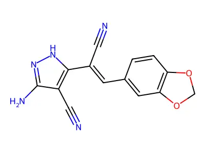 3-amino-5-[2-(1,3-benzodioxol-5-yl)-1-cyanoethenyl]-1H-pyrazole-4-carbonitrile structure
