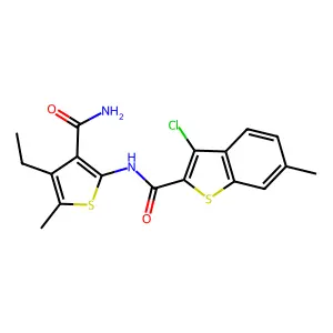 N-(3-carbamoyl-4-ethyl-5-methylthiophen-2-yl)-3-chloro-6-methyl-1-benzothiophene-2-carboxamide structure
