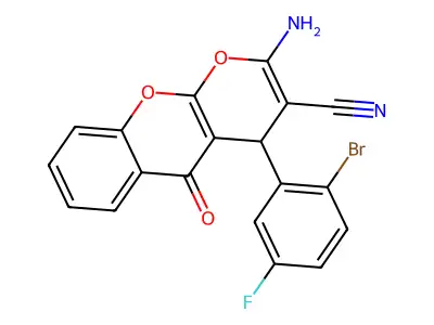 2-amino-4-(2-bromo-5-fluorophenyl)-5-oxo-4H,5H-pyrano[2,3-b]chromene-3-carbonitrile structure