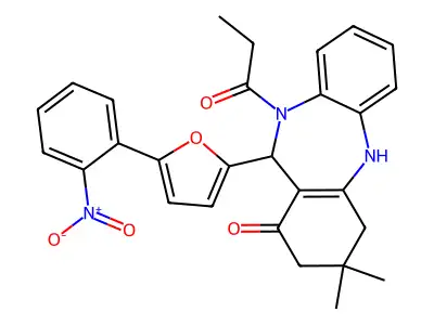 9,9-dimethyl-6-[5-(2-nitrophenyl)furan-2-yl]-5-propanoyl-6,8,10,11-tetrahydrobenzo[b][1,4]benzodiazepin-7-one structure