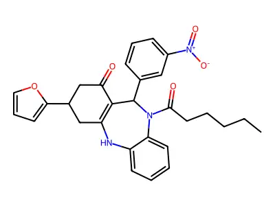 9-(furan-2-yl)-5-hexanoyl-6-(3-nitrophenyl)-8,9,10,11-tetrahydro-6H-benzo[b][1,4]benzodiazepin-7-one structure