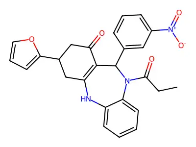 9-(furan-2-yl)-6-(3-nitrophenyl)-5-propanoyl-8,9,10,11-tetrahydro-6H-benzo[b][1,4]benzodiazepin-7-one structure