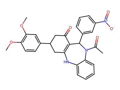 10-acetyl-3-(3,4-dimethoxyphenyl)-11-{3-nitrophenyl}-2,3,4,5,10,11-hexahydro-1H-dibenzo[b,e][1,4]diazepin-1-one structure