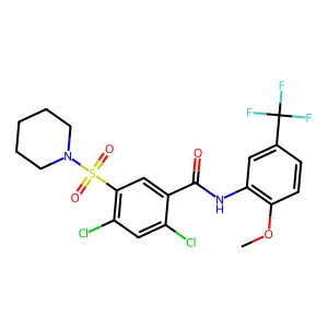 2,4-dichloro-N-[2-methoxy-5-(trifluoromethyl)phenyl]-5-piperidin-1-ylsulfonylbenzamide structure