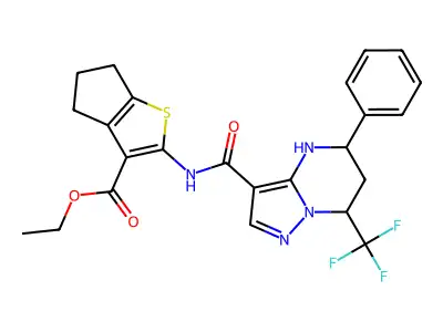 ethyl 2-({[5-phenyl-7-(trifluoromethyl)-4,5,6,7-tetrahydropyrazolo[1,5-a]pyrimidin-3-yl]carbonyl}amino)-5,6-dihydro-4H-cyclopenta[b]thiophene-3-carboxylate structure