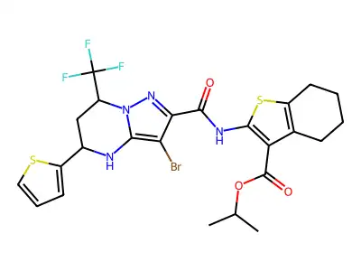 isopropyl 2-({[3-bromo-5-(2-thienyl)-7-(trifluoromethyl)-4,5,6,7-tetrahydropyrazolo[1,5-a]pyrimidin-2-yl]carbonyl}amino)-4,5,6,7-tetrahydro-1-benzothiophene-3-carboxylate structure