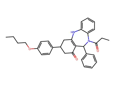 9-(4-butoxyphenyl)-6-phenyl-5-propanoyl-8,9,10,11-tetrahydro-6H-benzo[b][1,4]benzodiazepin-7-one structure