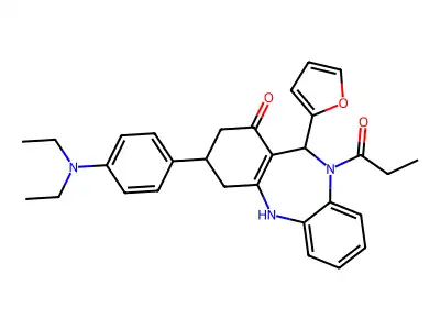 9-[4-(diethylamino)phenyl]-6-(furan-2-yl)-5-propanoyl-8,9,10,11-tetrahydro-6H-benzo[b][1,4]benzodiazepin-7-one structure