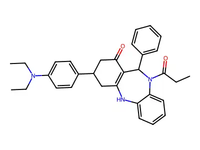 9-[4-(diethylamino)phenyl]-6-phenyl-5-propanoyl-8,9,10,11-tetrahydro-6H-benzo[b][1,4]benzodiazepin-7-one structure