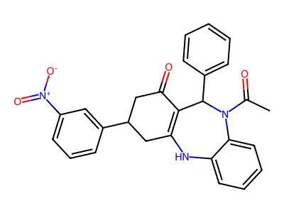 10-acetyl-3-{3-nitrophenyl}-11-phenyl-2,3,4,5,10,11-hexahydro-1H-dibenzo[b,e][1,4]diazepin-1-one structure