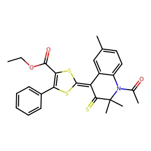 ethyl 2-(1-acetyl-2,2,6-trimethyl-3-thioxo-2,3-dihydro-4(1H)-quinolinylidene)-5-phenyl-1,3-dithiole-4-carboxylate structure