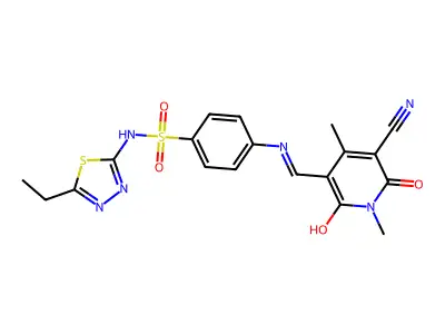 4-[[(Z)-(5-cyano-1,4-dimethyl-2,6-dioxopyridin-3-ylidene)methyl]amino]-N-(5-ethyl-1,3,4-thiadiazol-2-yl)benzenesulfonamide structure