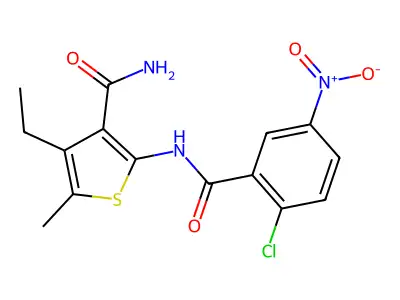 2-[(2-Chloro-5-nitrobenzoyl)amino]-4-ethyl-5-methylthiophene-3-carboxamide structure