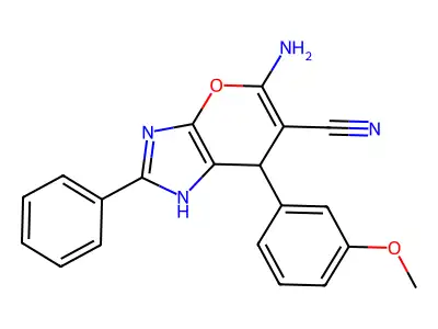 5-amino-7-(3-methoxyphenyl)-2-phenyl-1,7-dihydropyrano[2,3-d]imidazole-6-carbonitrile structure
