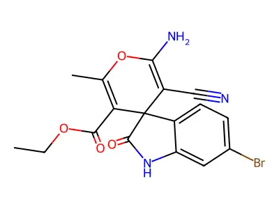 ethyl 6'-amino-6-bromo-5'-cyano-2'-methyl-2-oxospiro[1H-indole-3,4'-pyran]-3'-carboxylate structure