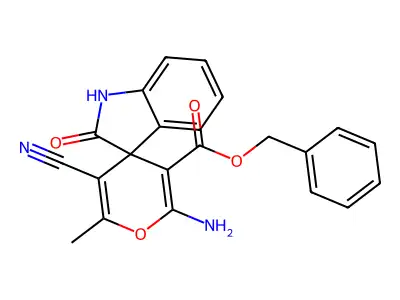 benzyl 2'-amino-5'-cyano-6'-methyl-2-oxo-1,2-dihydrospiro[indole-3,4'-pyran]-3'-carboxylate structure