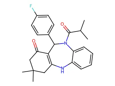 6-(4-fluorophenyl)-9,9-dimethyl-5-(2-methylpropanoyl)-6,8,10,11-tetrahydrobenzo[b][1,4]benzodiazepin-7-one structure