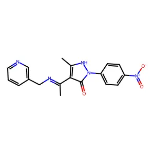 2-{4-nitrophenyl}-5-methyl-4-[N-(3-pyridinylmethyl)ethanimidoyl]-1,2-dihydro-3H-pyrazol-3-one structure