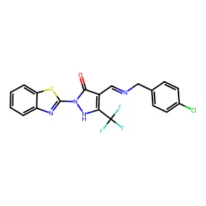 (E)-2-(benzo[d]thiazol-2-yl)-4-(((4-chlorobenzyl)imino)methyl)-5-(trifluoromethyl)-1H-pyrazol-3(2H)-one structure