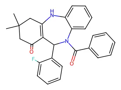 5-benzoyl-6-(2-fluorophenyl)-9,9-dimethyl-6,8,10,11-tetrahydrobenzo[b][1,4]benzodiazepin-7-one structure