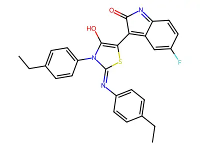 3-{3-(4-ethylphenyl)-2-[(4-ethylphenyl)imino]-4-oxo-1,3-thiazolidin-5-ylidene}-5-fluoro-1,3-dihydro-2H-indol-2-one structure