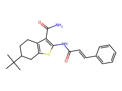 6-tert-butyl-2-[[(E)-3-phenylprop-2-enoyl]amino]-4,5,6,7-tetrahydro-1-benzothiophene-3-carboxamide structure