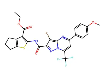 ethyl 2-({[3-bromo-5-(4-methoxyphenyl)-7-(trifluoromethyl)pyrazolo[1,5-a]pyrimidin-2-yl]carbonyl}amino)-5,6-dihydro-4H-cyclopenta[b]thiophene-3-carboxylate structure