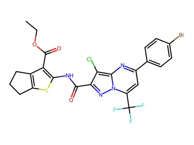 ethyl 2-({[5-(4-bromophenyl)-3-chloro-7-(trifluoromethyl)pyrazolo[1,5-a]pyrimidin-2-yl]carbonyl}amino)-5,6-dihydro-4H-cyclopenta[b]thiophene-3-carboxylate structure