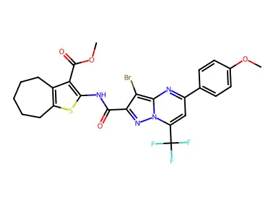 methyl 2-({[3-bromo-5-(4-methoxyphenyl)-7-(trifluoromethyl)pyrazolo[1,5-a]pyrimidin-2-yl]carbonyl}amino)-5,6,7,8-tetrahydro-4H-cyclohepta[b]thiophene-3-carboxylate structure