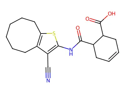 6-[(3-cyano-4,5,6,7,8,9-hexahydrocycloocta[b]thiophen-2-yl)carbamoyl]cyclohex-3-ene-1-carboxylic acid structure