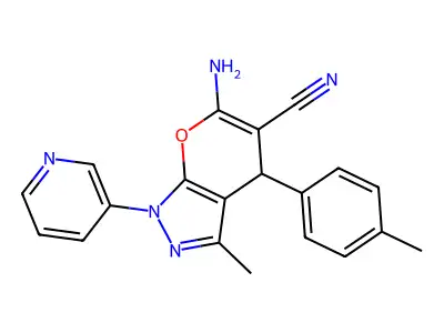 6-amino-3-methyl-4-(4-methylphenyl)-1-pyridin-3-yl-4H-pyrano[2,3-c]pyrazole-5-carbonitrile structure