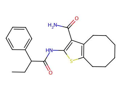 2-[(2-phenylbutanoyl)amino]-4,5,6,7,8,9-hexahydrocycloocta[b]thiophene-3-carboxamide structure