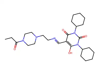 1,3-dicyclohexyl-5-({[2-(4-propanoylpiperazin-1-yl)ethyl]amino}methylidene)pyrimidine-2,4,6(1H,3H,5H)-trione structure
