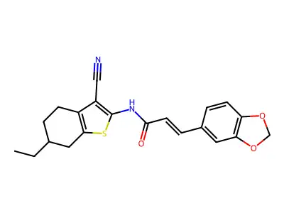 (E)-3-(1,3-benzodioxol-5-yl)-N-(3-cyano-6-ethyl-4,5,6,7-tetrahydro-1-benzothiophen-2-yl)prop-2-enamide structure