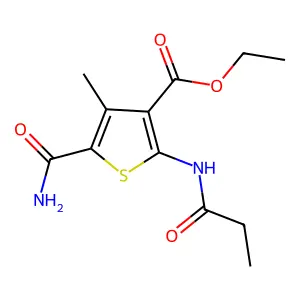 Ethyl 5-carbamoyl-4-methyl-2-(propanoylamino)thiophene-3-carboxylate structure