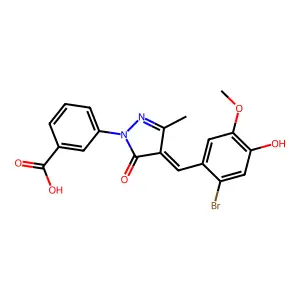 3-[4-[(2-bromo-4-hydroxy-5-methoxyphenyl)methylidene]-3-methyl-5-oxopyrazol-1-yl]benzoic acid structure