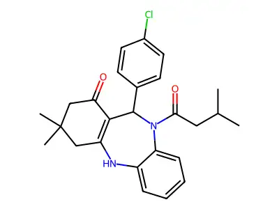 11-(4-chlorophenyl)-3,3-dimethyl-10-(3-methylbutanoyl)-2,3,4,5,10,11-hexahydro-1H-dibenzo[b,e][1,4]diazepin-1-one structure