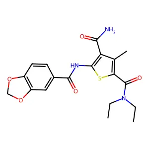 5-(1,3-benzodioxole-5-carbonylamino)-2-N,2-N-diethyl-3-methylthiophene-2,4-dicarboxamide structure