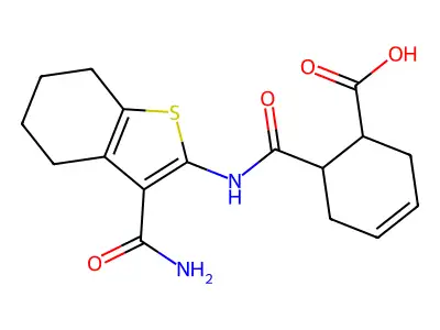 6-[(3-carbamoyl-4,5,6,7-tetrahydro-1-benzothiophen-2-yl)carbamoyl]cyclohex-3-ene-1-carboxylic acid structure