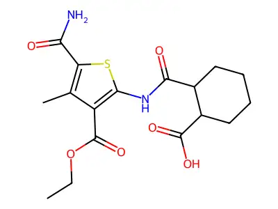 2-[(5-carbamoyl-3-ethoxycarbonyl-4-methylthiophen-2-yl)carbamoyl]cyclohexane-1-carboxylic acid structure
