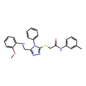 2-[[5-[(2-methoxyanilino)methyl]-4-phenyl-1,2,4-triazol-3-yl]sulfanyl]-N-(3-methylphenyl)acetamide structure