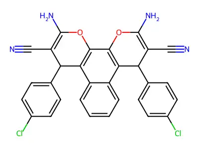 2,11-diamino-4,9-bis(4-chlorophenyl)-4,9-dihydrobenzo[f]pyrano[3,2-h]chromene-3,10-dicarbonitrile structure