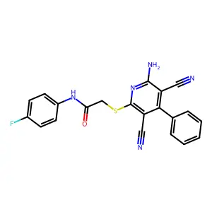 2-(6-amino-3,5-dicyano-4-phenylpyridin-2-yl)sulfanyl-N-(4-fluorophenyl)acetamide structure
