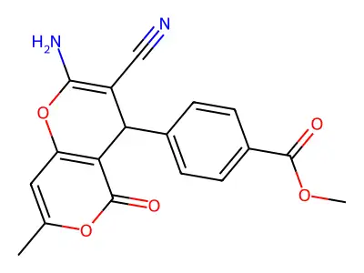 methyl 4-(2-amino-3-cyano-7-methyl-5-oxo-4H-pyrano[3,2-c]pyran-4-yl)benzoate structure