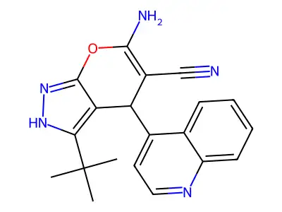 6-amino-3-tert-butyl-4-quinolin-4-yl-2,4-dihydropyrano[2,3-c]pyrazole-5-carbonitrile structure