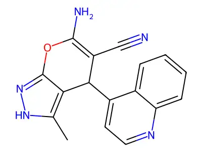 6-amino-3-methyl-4-(4-quinolinyl)-2,4-dihydropyrano[2,3-c]pyrazole-5-carbonitrile structure