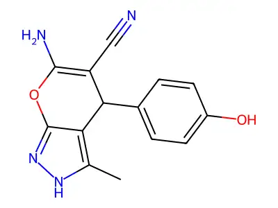6-amino-4-(4-hydroxyphenyl)-3-methyl-1,4-dihydropyrano[2,3-c]pyrazole-5-carbonitrile structure