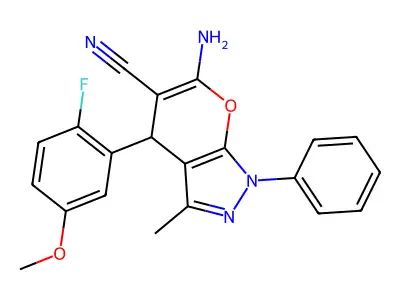6-amino-4-(2-fluoro-5-methoxyphenyl)-3-methyl-1-phenyl-4H-pyrano[2,3-c]pyrazole-5-carbonitrile structure