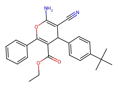 ethyl 6-amino-4-(4-tert-butylphenyl)-5-cyano-2-phenyl-4H-pyran-3-carboxylate structure